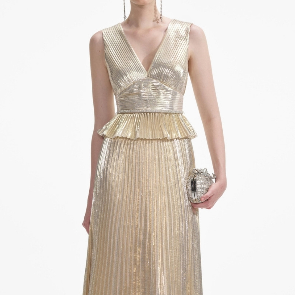Self-Portrait Gold Metallic V-Neck Maxi Dress - Picture 4 of 10